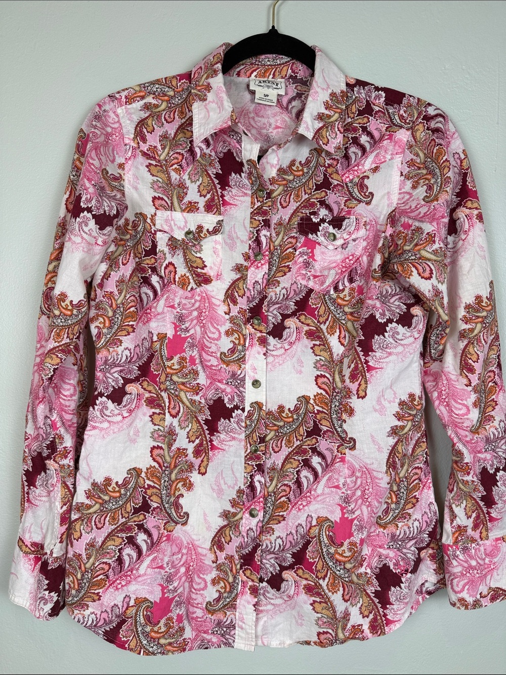 Ariat Pink Burgundy Paisley Pearl Snap Western Button Down Shirt Festival Boho S